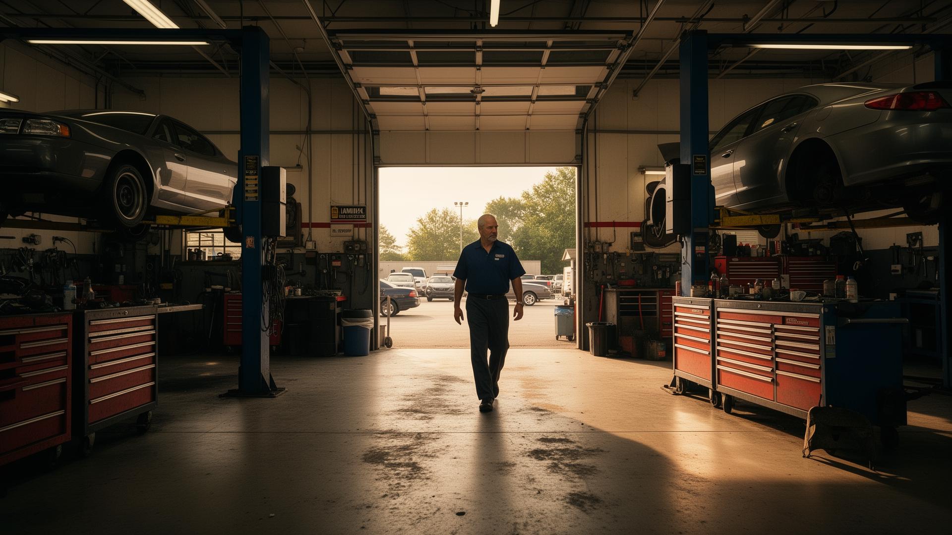 Inside M.C. Automotive Center garage with cars on lifts